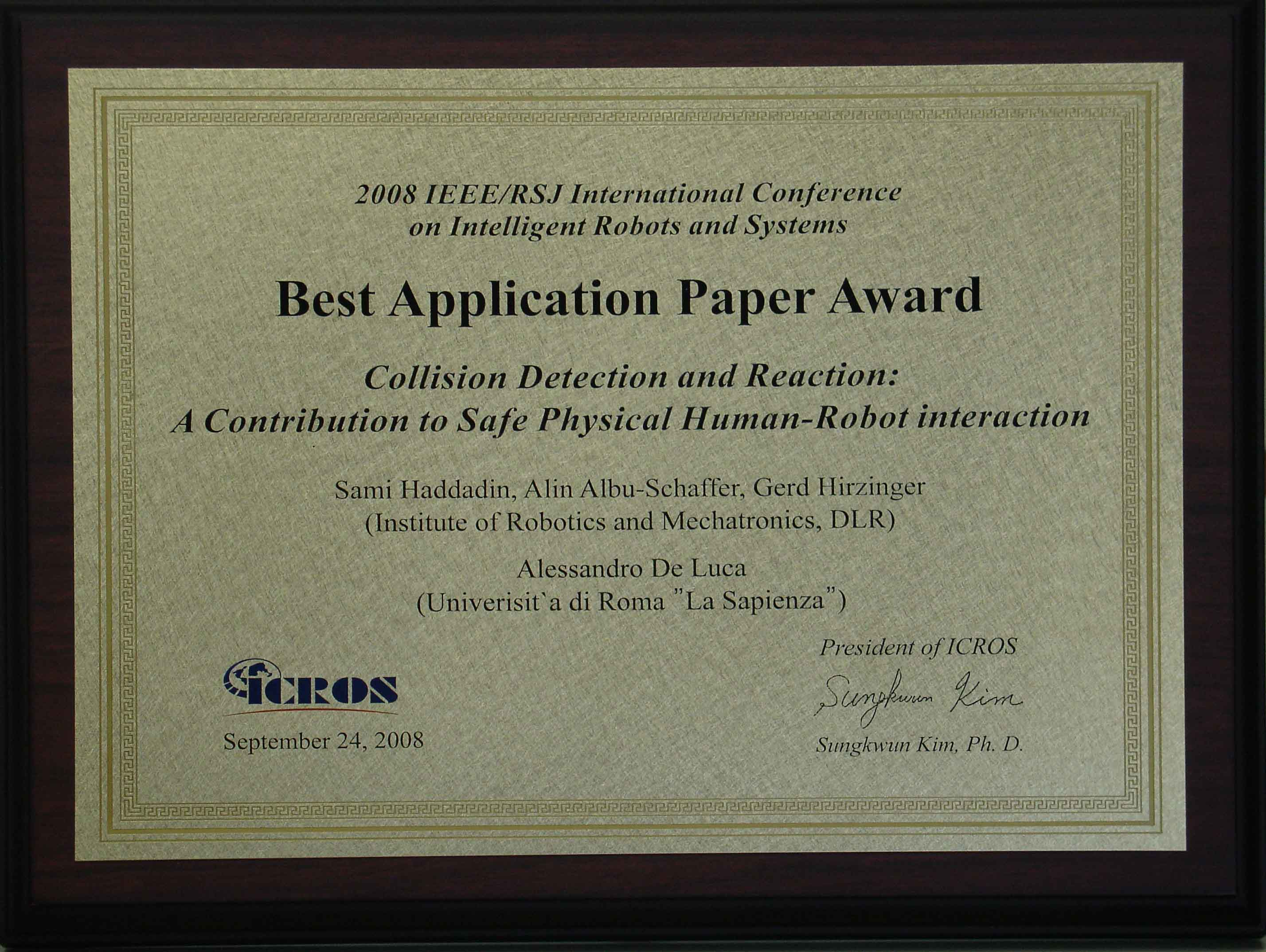 IEEE IROS Best Application Paper Award