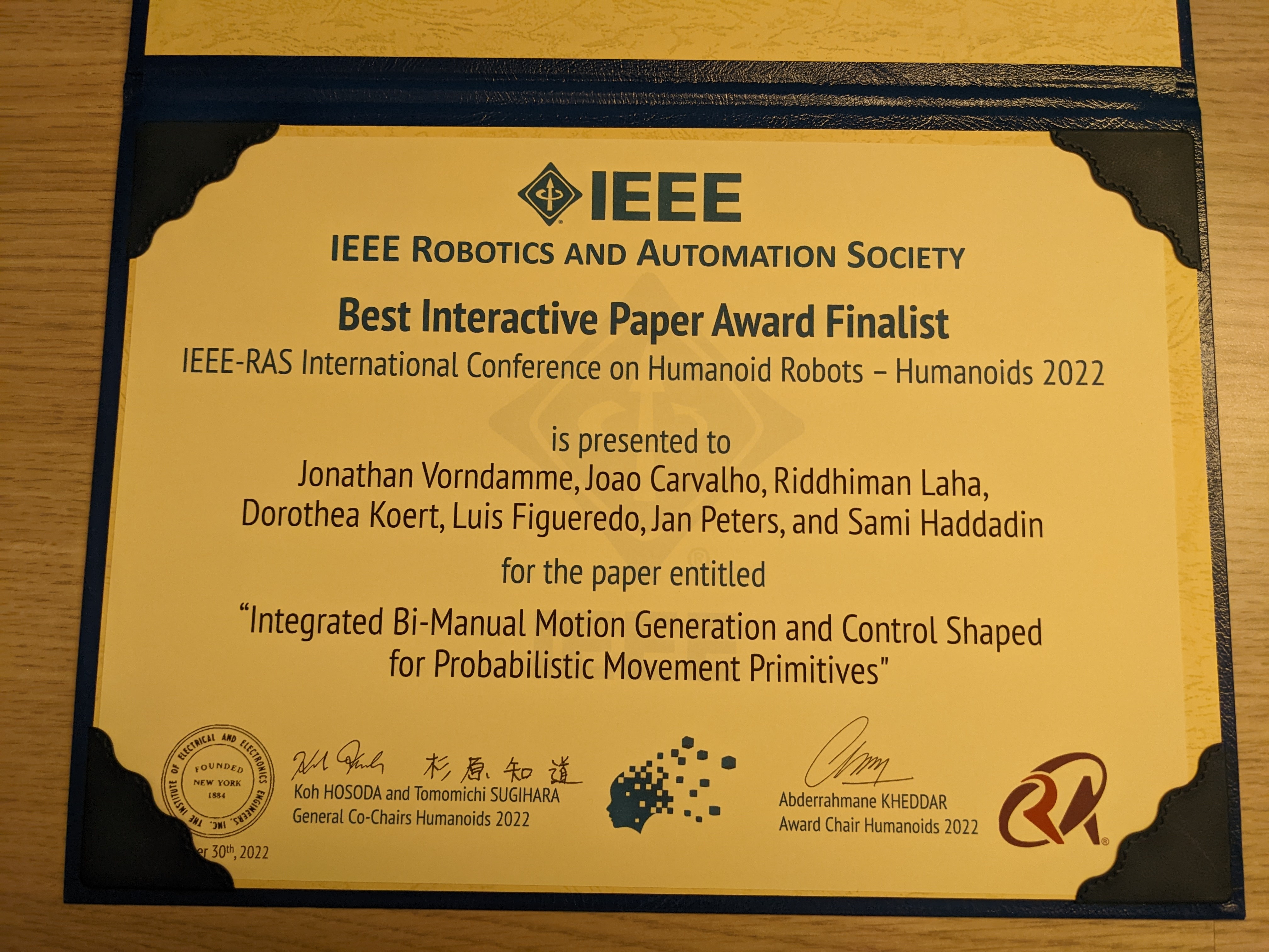 IEEE Humanoids Best Interactive Paper Award Finalist